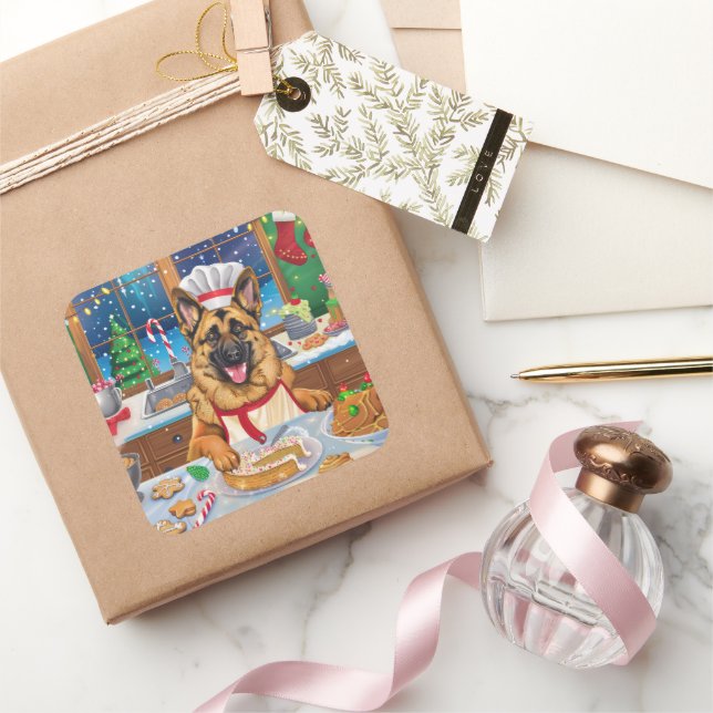 Pegatina Cuadrada Pastor alemán de vacaciones: Navidades festivos (Regalar)