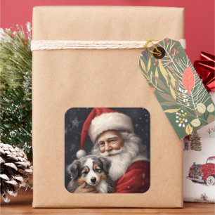 Pegatina Cuadrada Pastor Australiano con Navidad de Santa Claus 