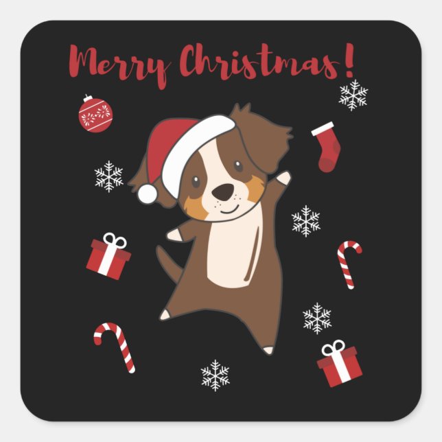 Pegatina Cuadrada Pastor australiano Feliz Invierno de Navidad (Anverso)