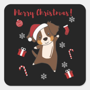 Pegatina Cuadrada Pastor australiano Feliz Invierno de Navidad