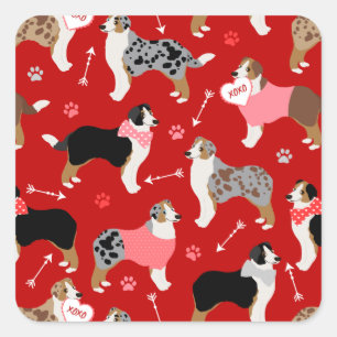 Pegatina Cuadrada Pastor australiano Valentine Pattern Stick