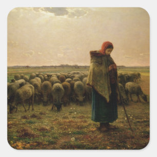 Pegatina Cuadrada Pastora con su rebaño, 1863