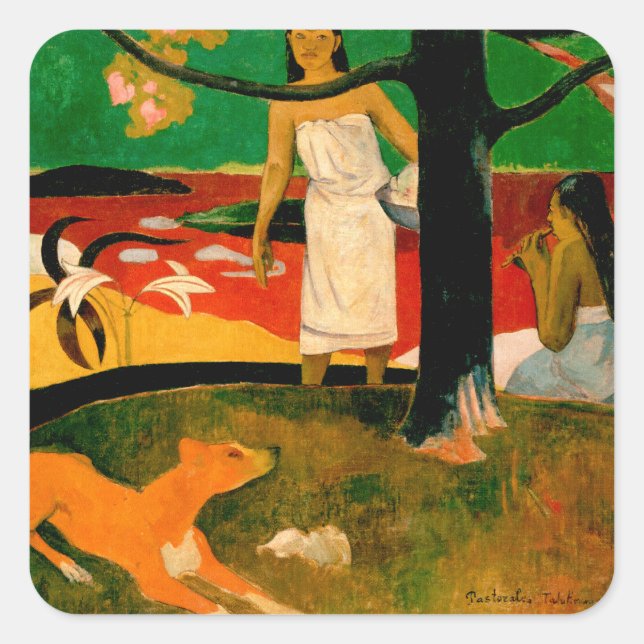 Pegatina Cuadrada ‪ Pastorales Tahitiennes ‬ por Paul Gauguin (Anverso)
