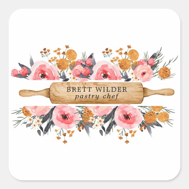 Pegatina Cuadrada Pastry Chef Baker Rolling Pin Floral (Anverso)