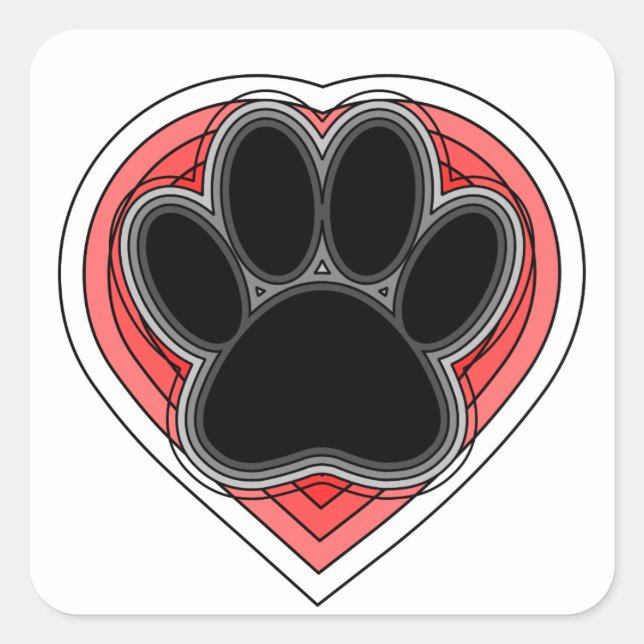 Pegatina Cuadrada Pata De Perro En El Corazón Rojo Con Brotes (Anverso)