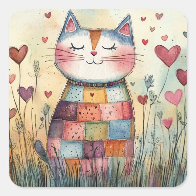 Pegatina Cuadrada Patchwork Cat Valentine (Anverso)