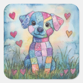 Pegatina Cuadrada Patchwork Puppy Valentine