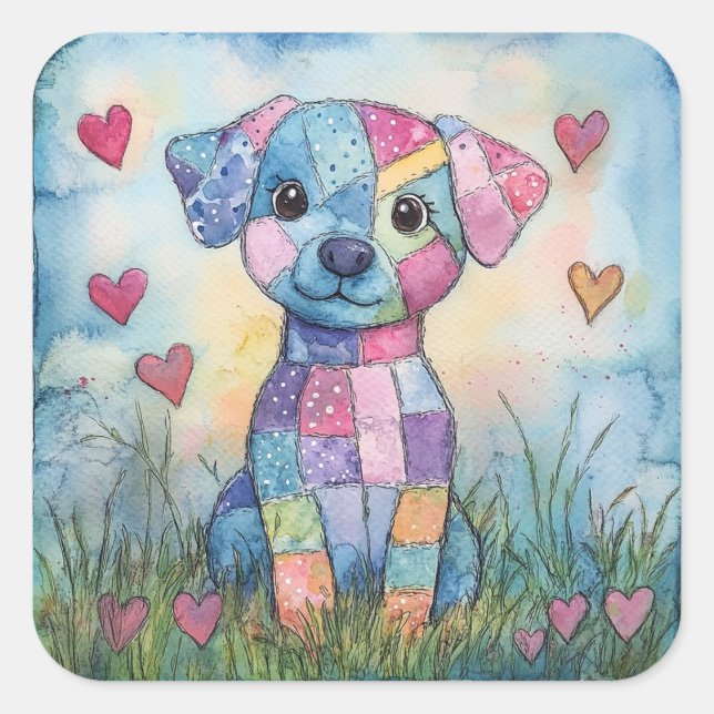 Pegatina Cuadrada Patchwork Puppy Valentine (Anverso)