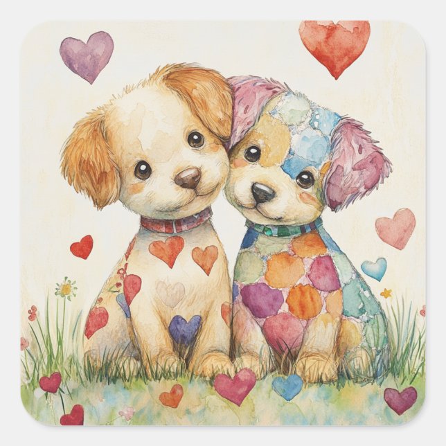 Pegatina Cuadrada Patchwork Pups Valentine (Anverso)