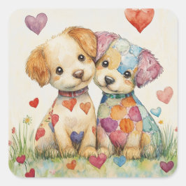 Pegatina Cuadrada Patchwork Pups Valentine