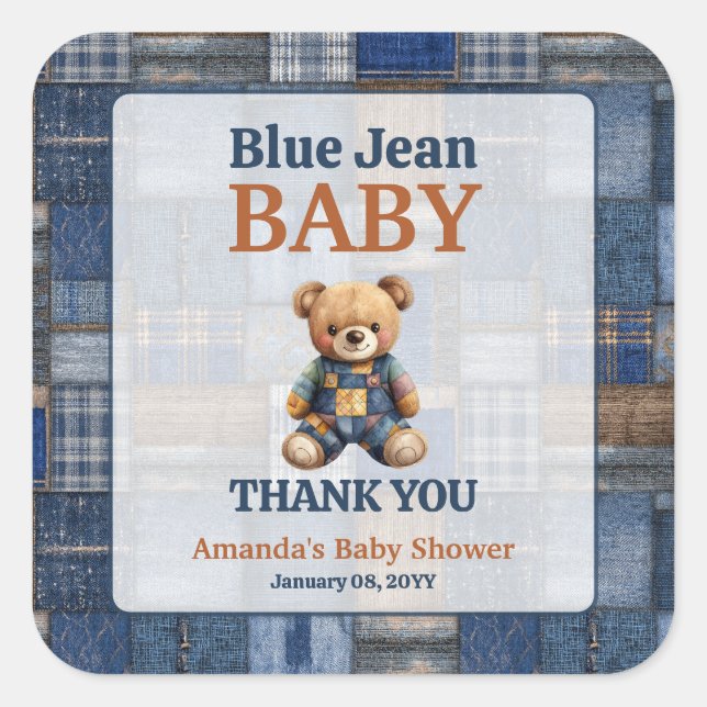 Pegatina Cuadrada Patchwork Western Denim Bear Blue Jean Baby Shower (Anverso)