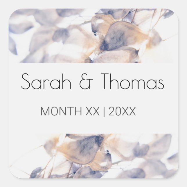 PEGATINA CUADRADA PATELES BLANCOS Y AZULES BODA ELEGANTE FLORAL (Anverso)