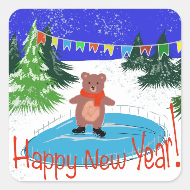 Pegatina Cuadrada Patinaje de oso divertido (Anverso)