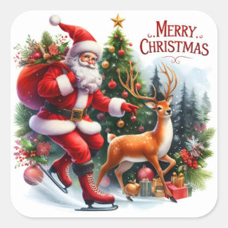 Pegatina Cuadrada Patinaje sobre hielo Santa con reno