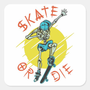 Pegatina Cuadrada Patinar o morir Esqueleto Skateboarder
