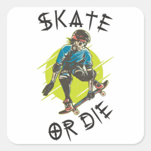 Pegatina Cuadrada Patinar o morir Esqueleto Skateboarder