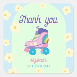 Pegatina Cuadrada Patines de Cumpleaños Agradecimiento Retro Arcoíri