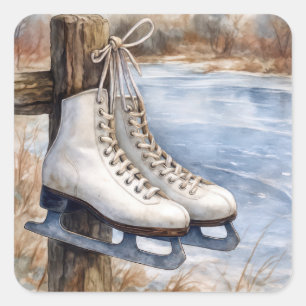 Pegatina Cuadrada Patines de hielo colgando de una cerca