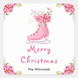 Pegatina Cuadrada Patines de hielo florales rosa Feliz Navidad