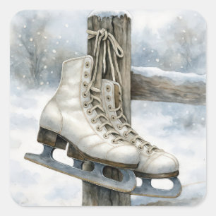 Pegatina Cuadrada Patines de hielo vintage de Navidad en poste de ce