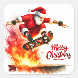 Pegatina Cuadrada Patines Santa Con Espíritu Navidad
