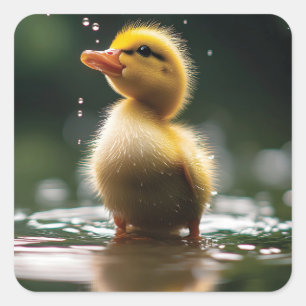 Pegatina Cuadrada "Pato Adorable en la Lluvia