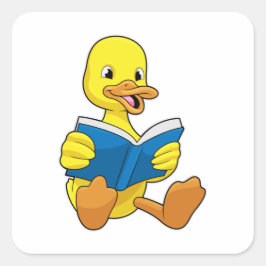 Pegatina Cuadrada Pato al leer con libro