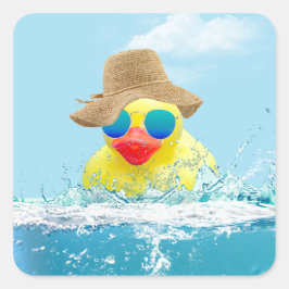 Pegatina Cuadrada Pato amarillo con gafas de sol en agua