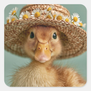 Pegatina Cuadrada Pato Bebé Adorable con Sombrero de Paja