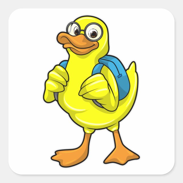 Pegatina Cuadrada Pato como estudiante con mochila (Anverso)