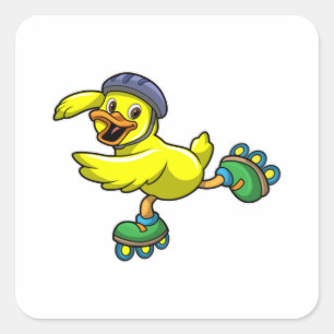 Pegatina Cuadrada Pato como patinador con patines y cascos