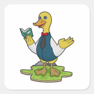 Pegatina Cuadrada Pato como profesor con libro