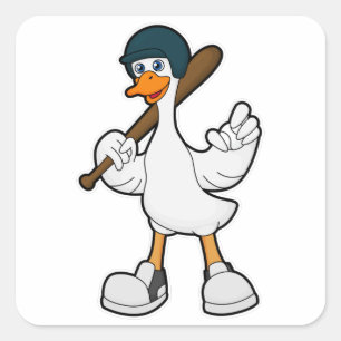 Pegatina Cuadrada Pato de béisbol con cascos y raqueta de béisbol