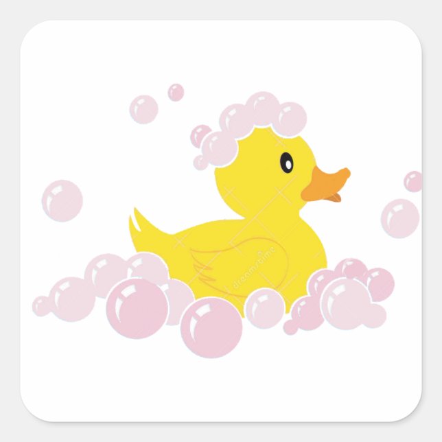 Pegatina Cuadrada Pato en burbujas rosadas (Anverso)