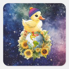 Pegatina Cuadrada Pato en el planeta con bandera bisexual