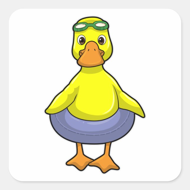 Pegatina Cuadrada Pato en Natación con anillo de natación (Anverso)