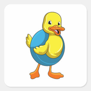 Pegatina Cuadrada Pato en Natación con anillo de natación