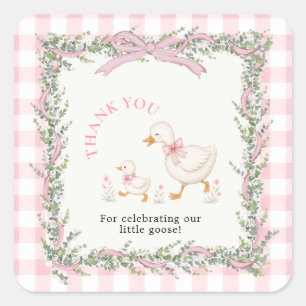 Pegatina Cuadrada Pato pequeño a cuadros rosados Silly Goose Gracias