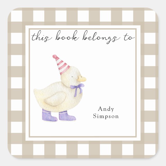 Pegatina Cuadrada Pato Pequeño Adorable - Este libro pertenece a (Anverso)