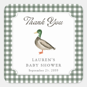 Pegatina Cuadrada Pato Silvestre Cuadros Verdes Baby Shower Agradeci