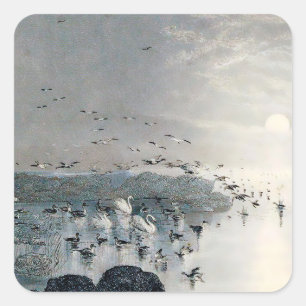 Pegatina Cuadrada Patos, pajares y cisnes en el lago al atardecer