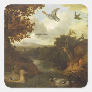 Pegatina Cuadrada Patos y otros pájaros sobre una corriente en un