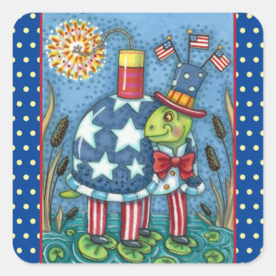 Pegatina Cuadrada PATRIOTA TÍO SAM TORTLE, FUNNY FIRECRACKER Cute