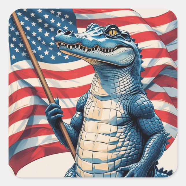 Pegatina Cuadrada Patriotic Alligator holding the American Flag (Anverso)