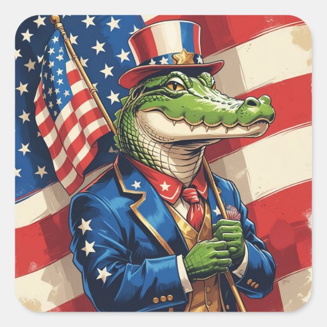 Pegatina Cuadrada Patriotic Alligator holding the American Flag (Anverso)