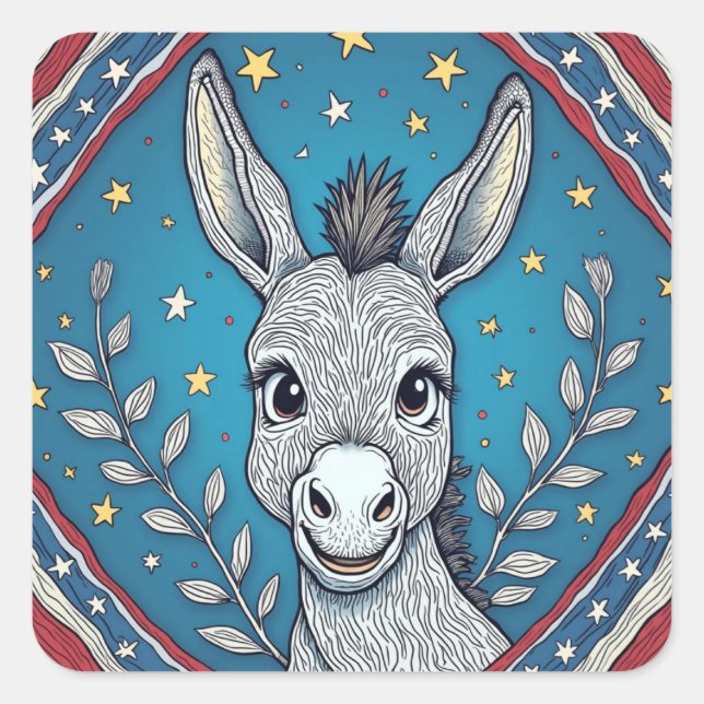 Pegatina Cuadrada Patriotic Blue Donkey Illustration (Anverso)