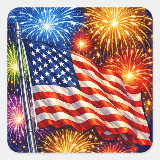 Pegatina Cuadrada Patriotic Flag Fireworks  (Anverso)