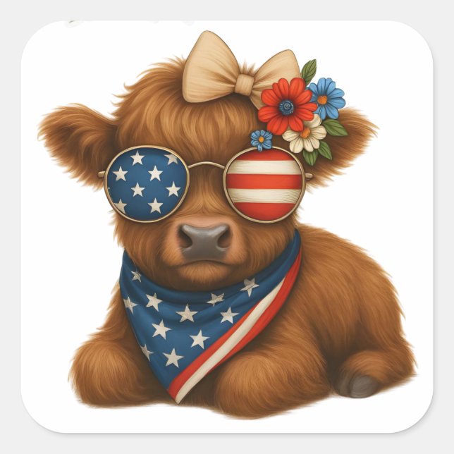 Pegatina Cuadrada Patriotic highland baby calf (Anverso)