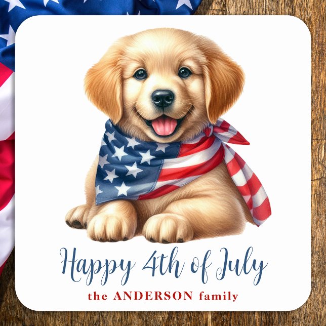 Pegatina Cuadrada Patriotic Puppy Golden Retriever Feliz 4 De Julio (Subido por el creador)