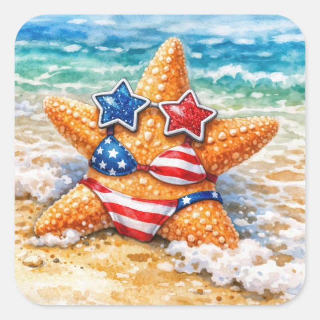 Pegatina Cuadrada Patriotic Starfish in Beach Sand (Anverso)